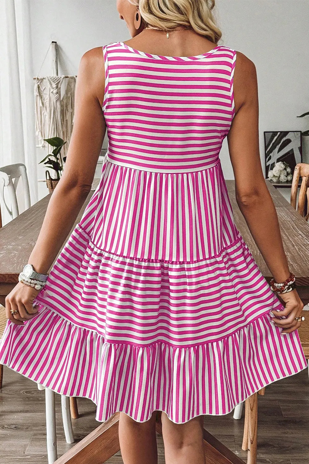 Stripe U Neck Sleeveless Loose Fit Mini Dress OutfitFlow