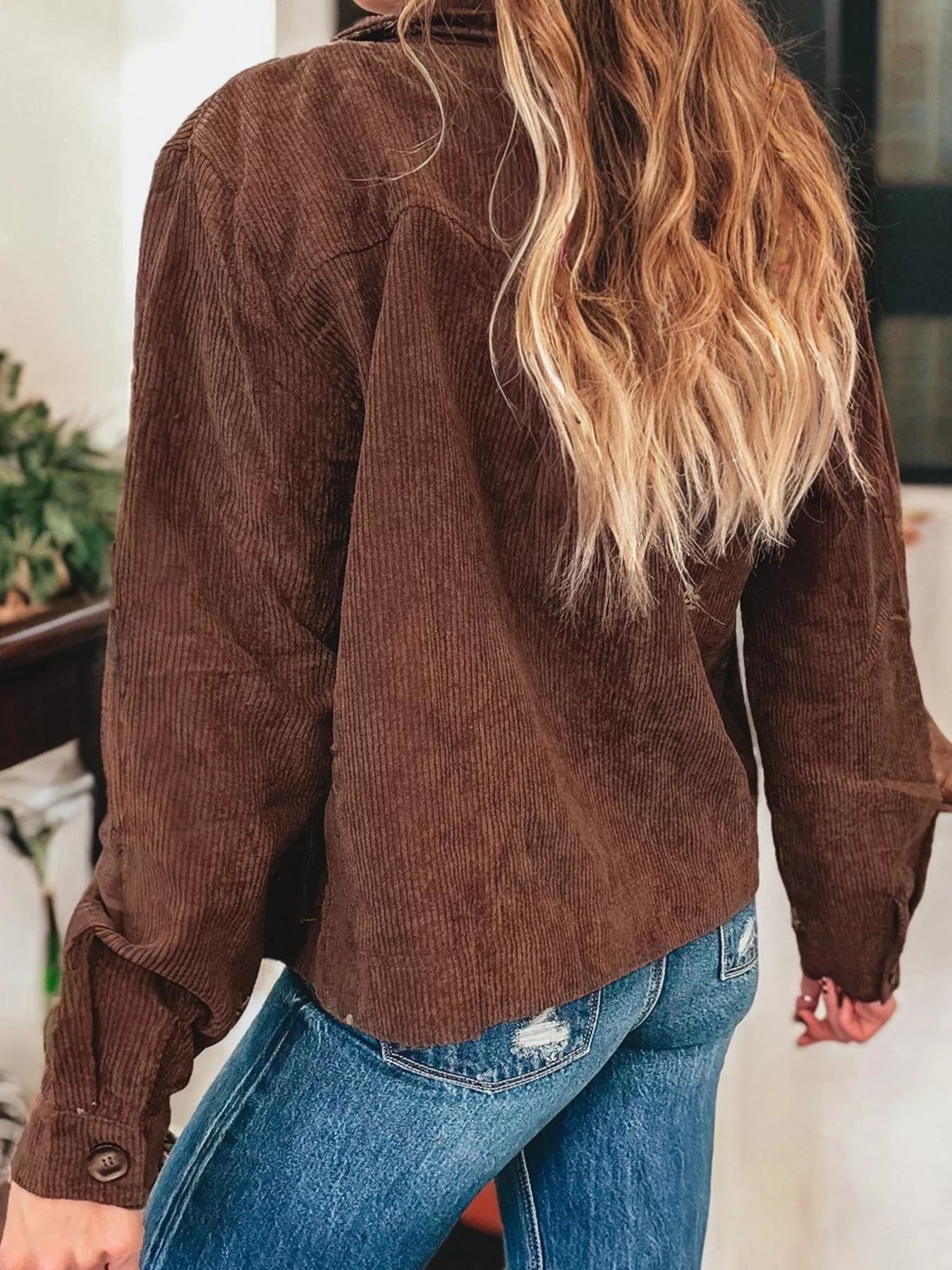 Floral Embroidered Collar Button Front Corduroy Jacket Trendsi