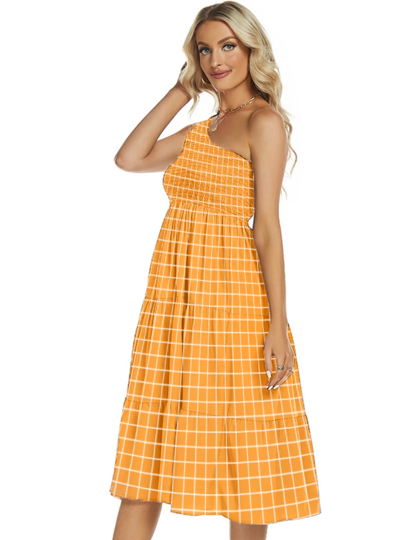 One-Shoulder Tiered Midi Dress with Smocked Bodice OutfitFlow