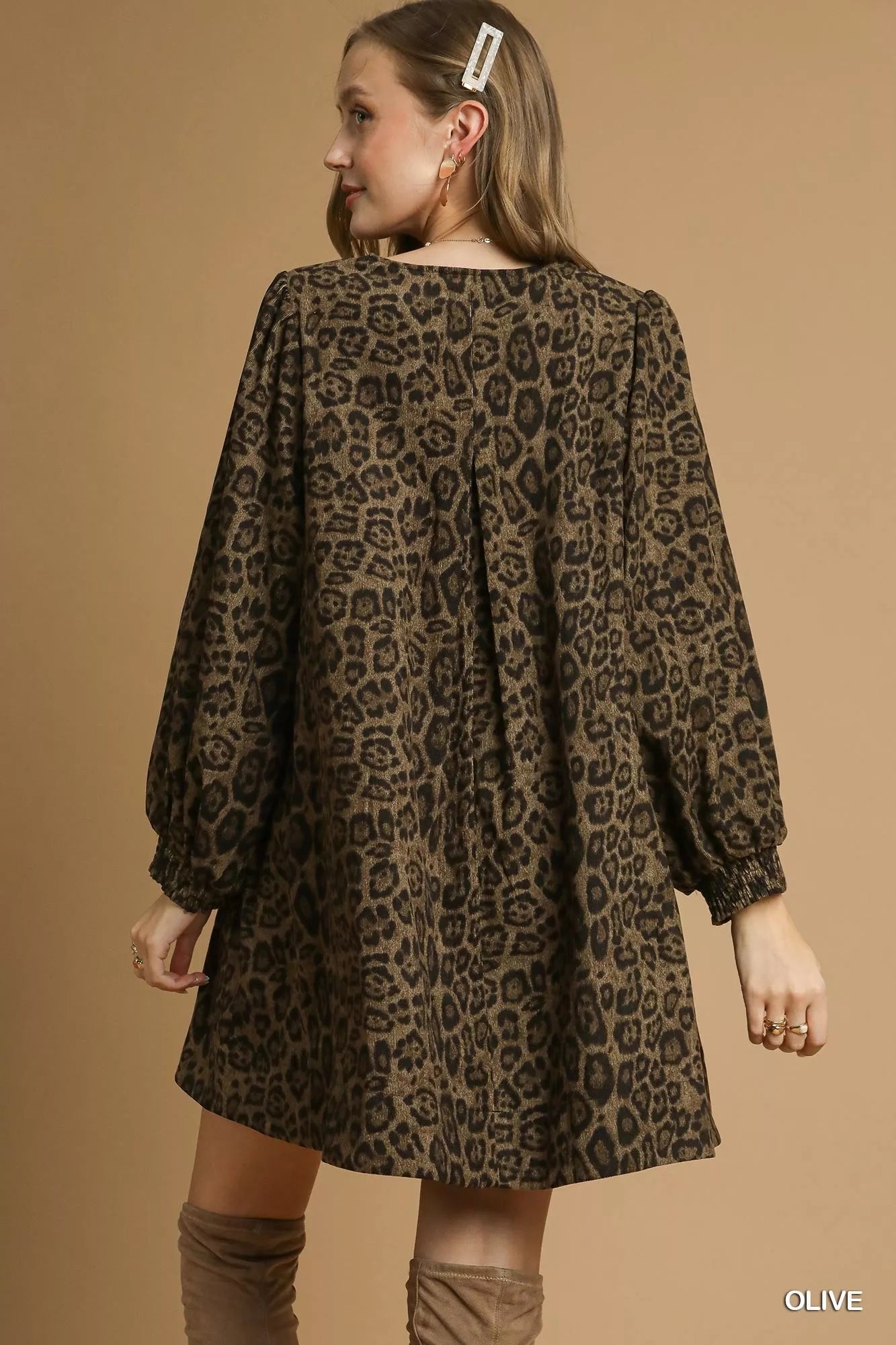 Umgee Leopard Print Long Sleeve Swing Dress OutfitFlow