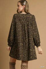 Umgee Leopard Print Long Sleeve Swing Dress OutfitFlow