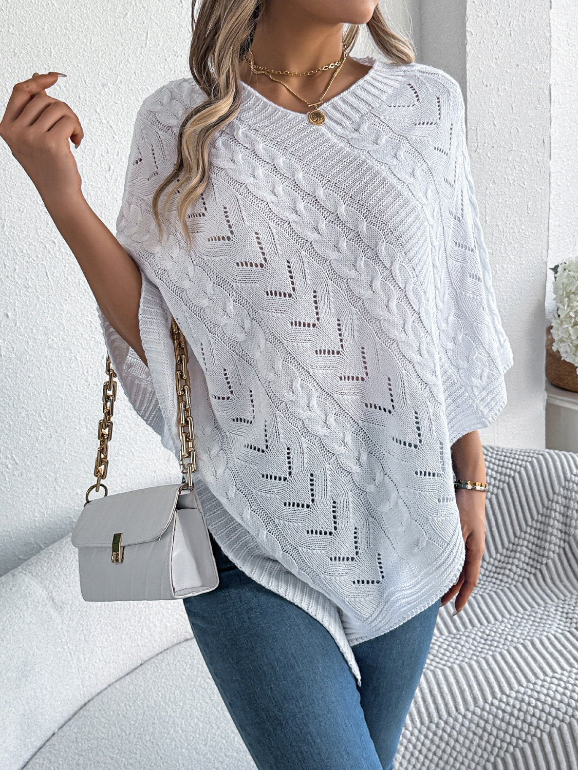 Cable-Knit Openwork Three-Quarter Sleeve Sweater