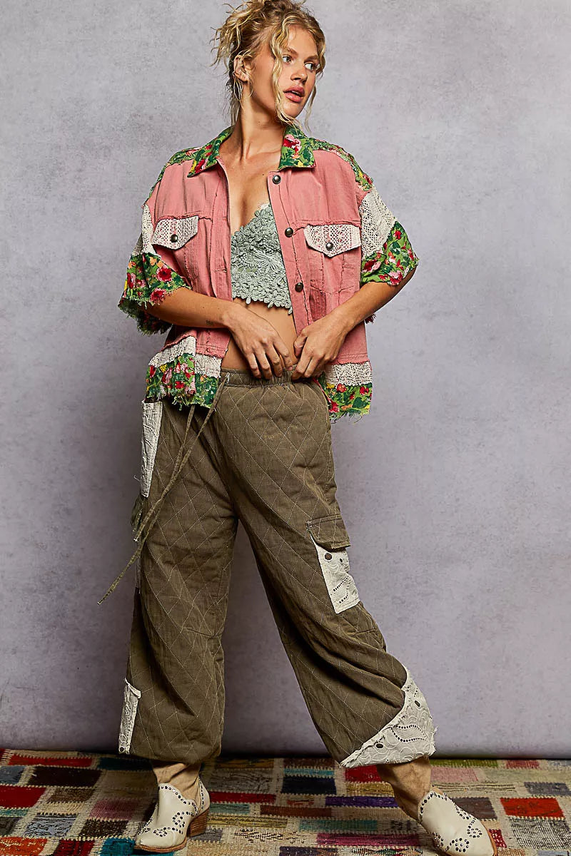 POL Lace Patch Floral Half Sleeve Shacket Trendsi