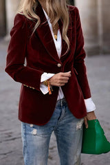 One Button Lapel Collar Long Sleeve Blazer Burgundy OutfitFlow