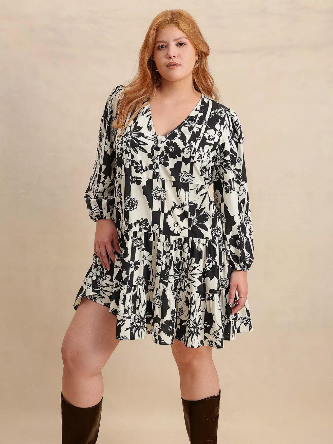 Plus Size Printed V-Neck Long Sleeve Mini Dress OutfitFlow
