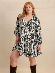Plus Size Printed V-Neck Long Sleeve Mini Dress OutfitFlow