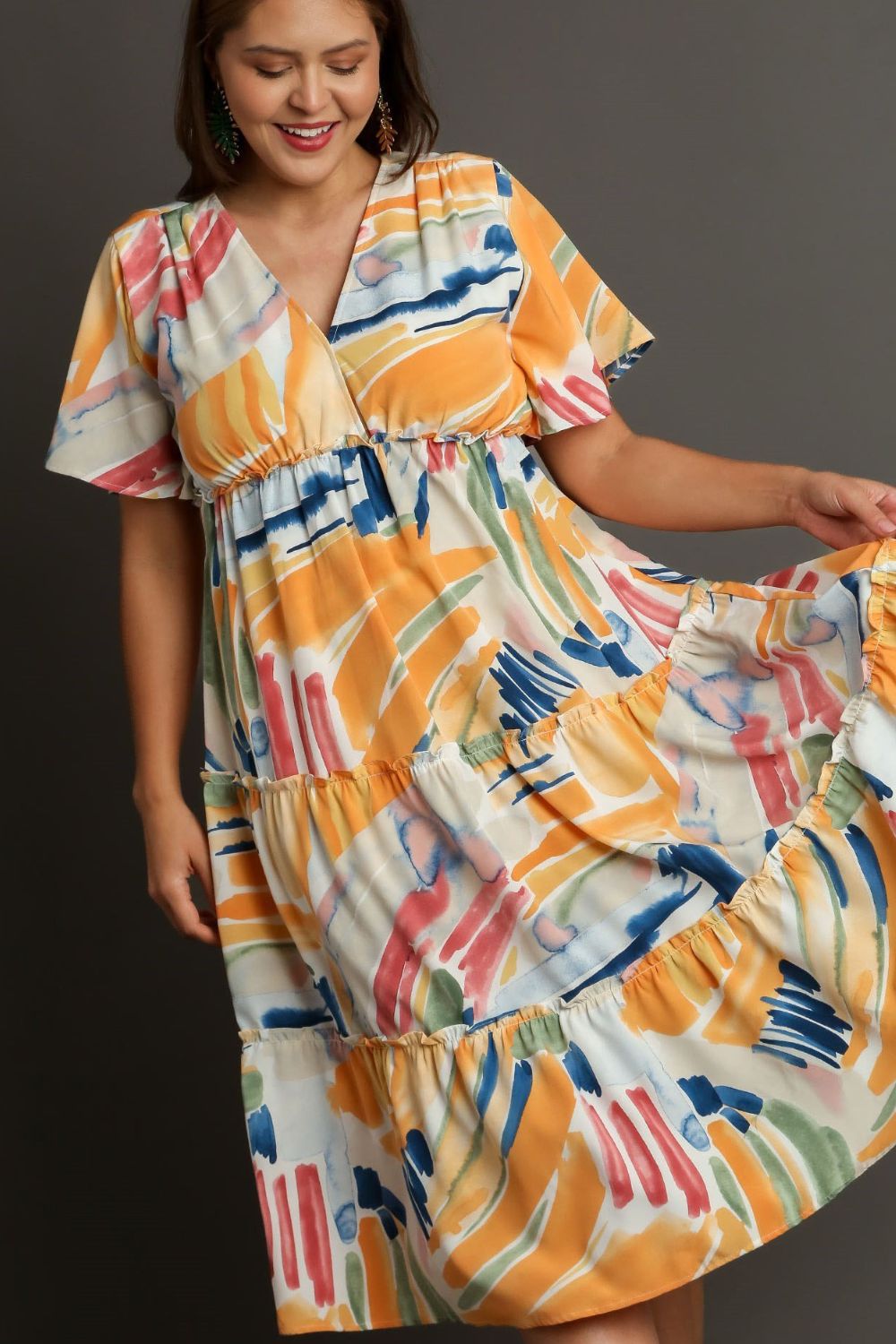 Umgee Full Size Abstract Print Flutter Sleeve Frill Tiered Midi Dress Plus Size OutfitFlow
