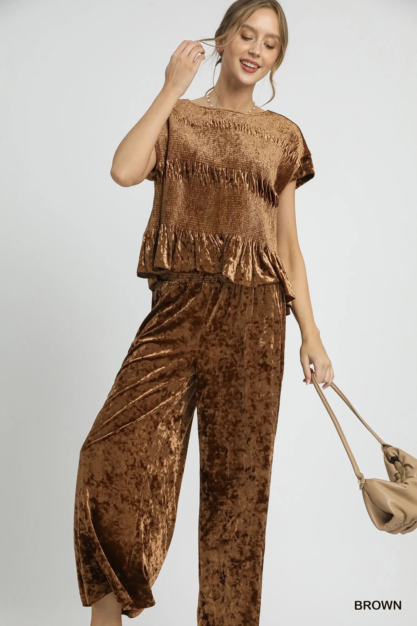 Umgee Velvet Smocked Waistband Wide Leg Pants Trendsi