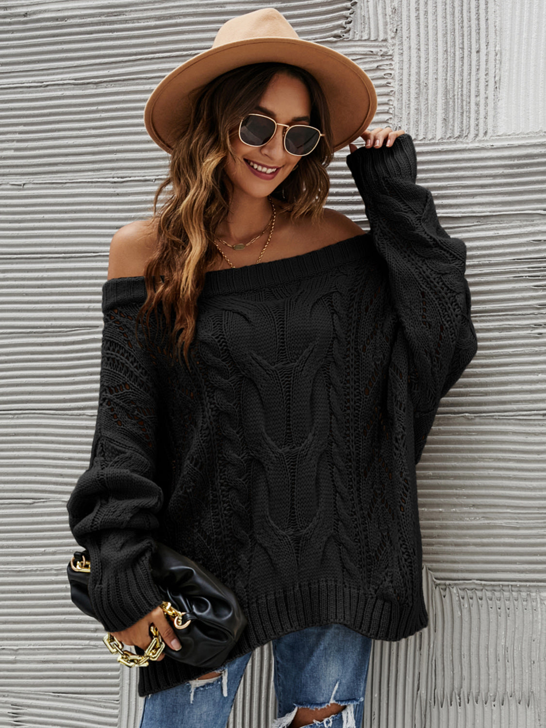 Outfit Flow - Cable Knit Openwork Off-Shoulder Sweater