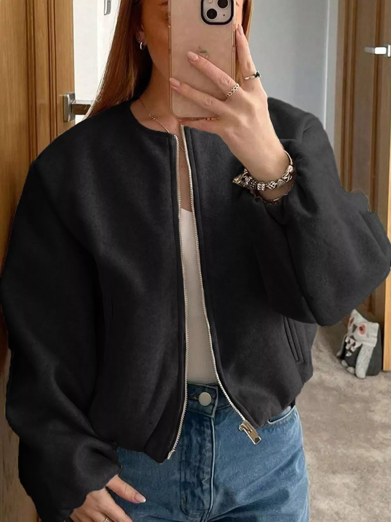 Plus Size Casual Fleece Zip-Up Bomber Jacket Black OutfitFlow