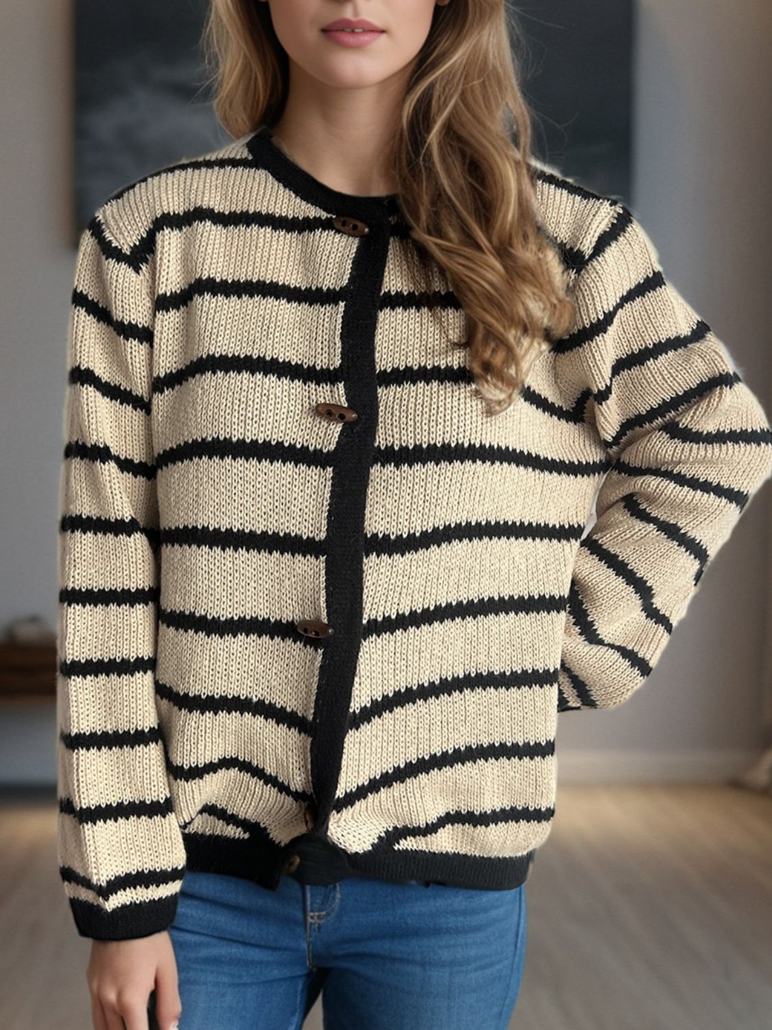 Outfit Flow - Striped Round Neck Long Sleeve Cardigan