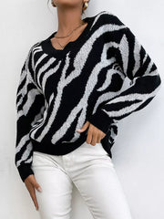 Zebra Print Relaxed Fit Pullover Sweater Black OutfitFlow
