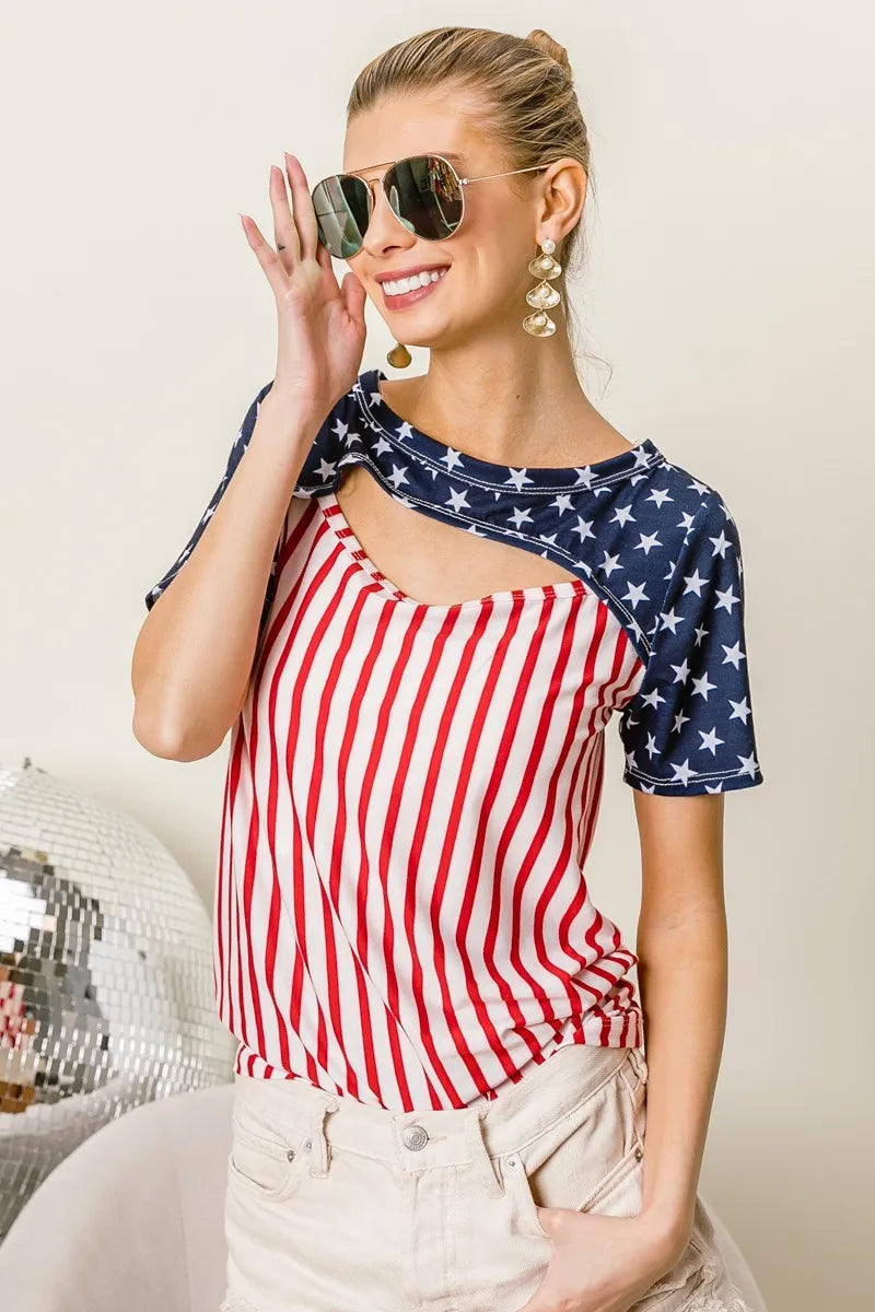 BiBi American Flag Theme Front Cut Out Top OutfitFlow