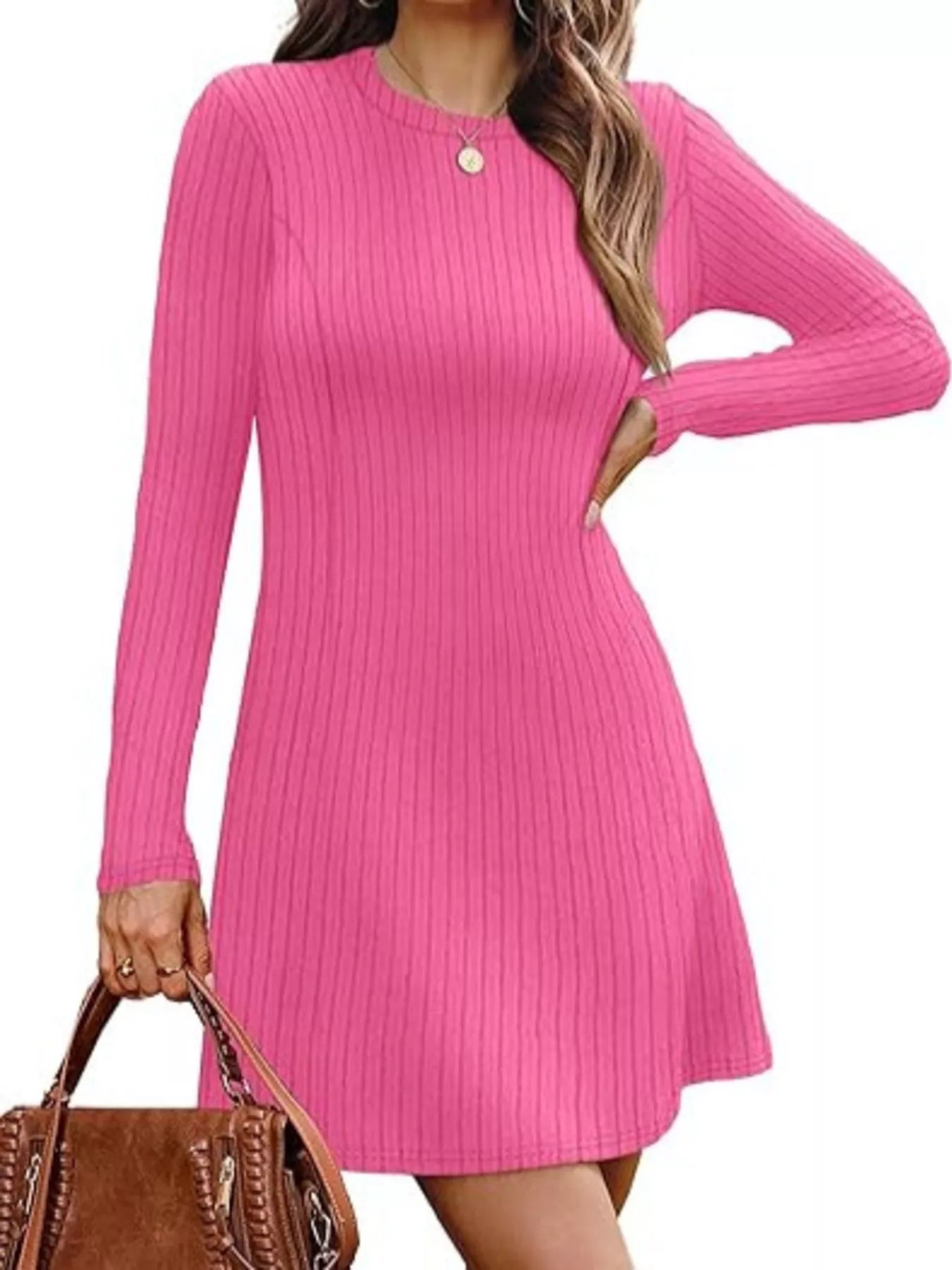 Ribbed Knit Long Sleeve A-Line Dress Pink Trendsi