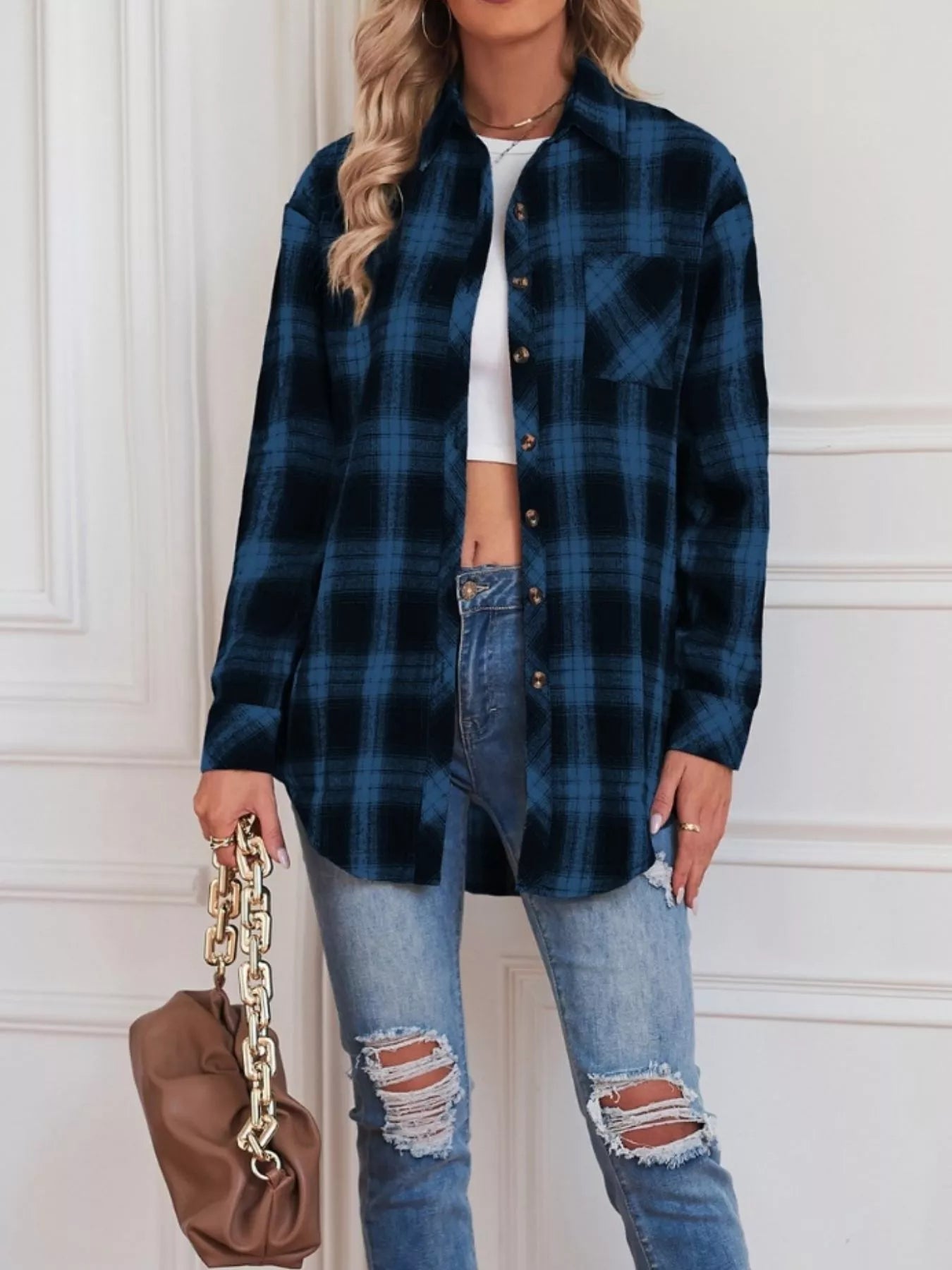 Casual Plaid Button Up Shirt Trendsi