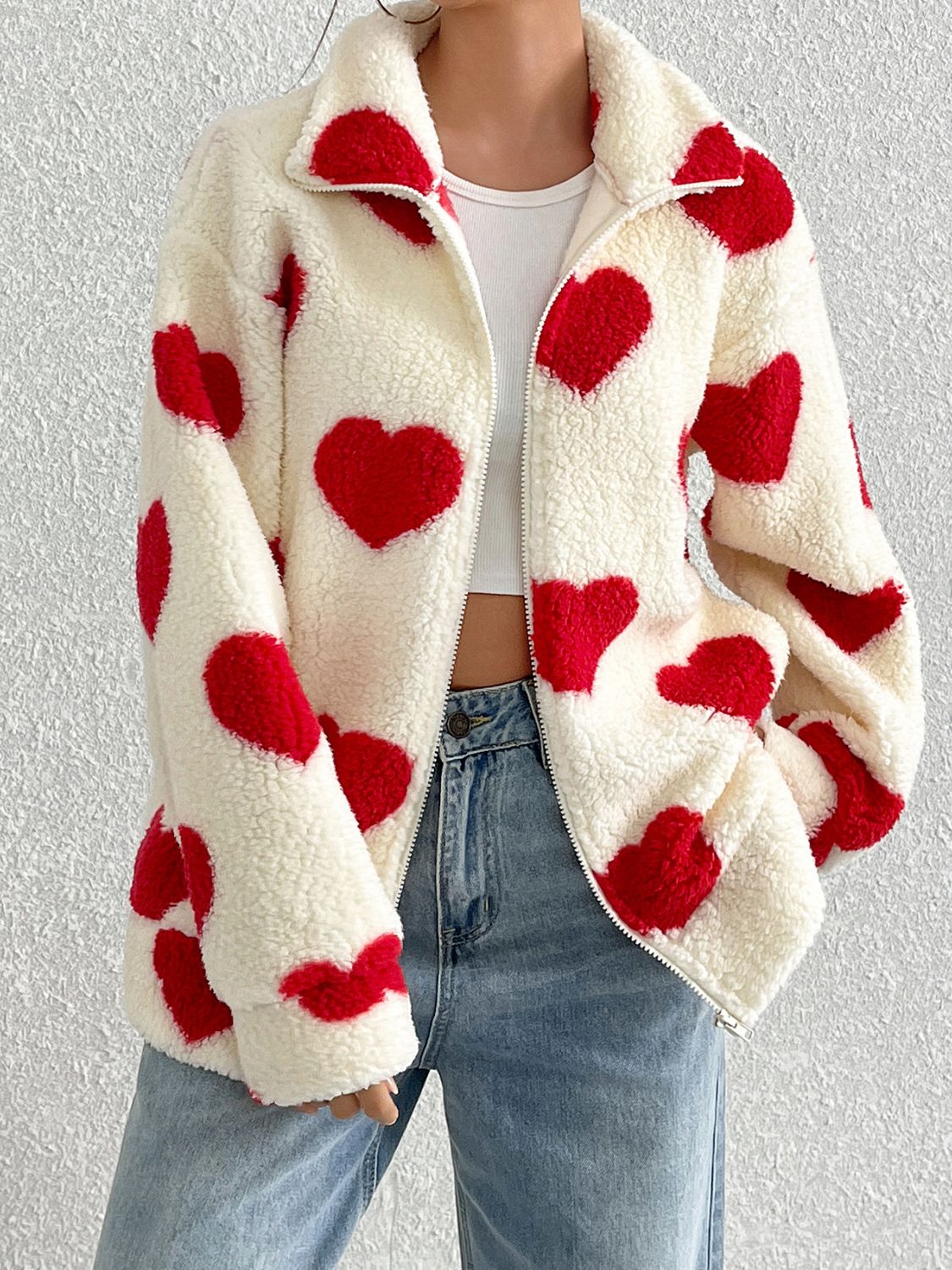 Outfit Flow - Heart Zip Up Drop Shoulder Furry Jacket