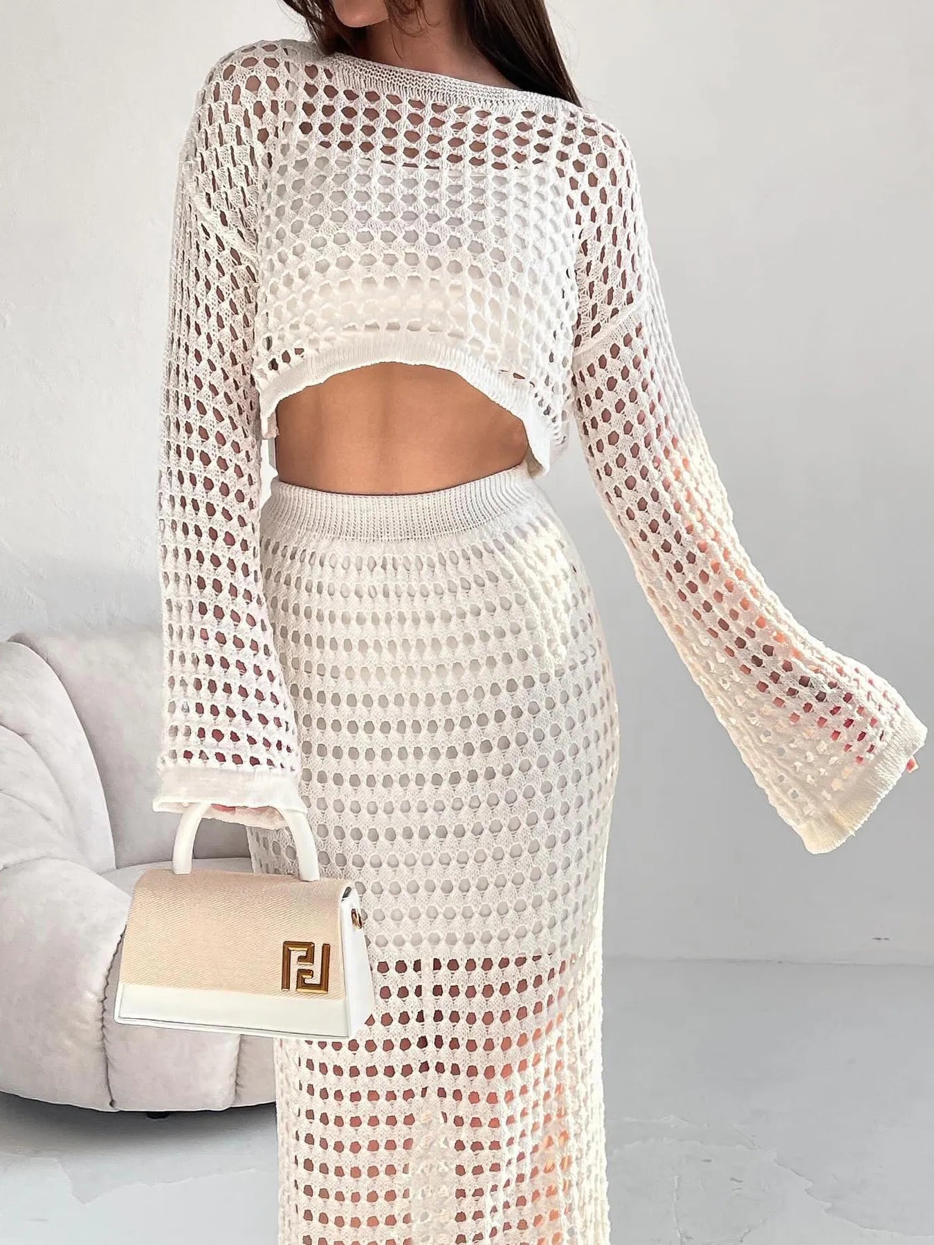Hollow Out Long Sleeve Top and Skirt Knit Set OutfitFlow