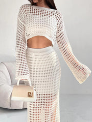 Hollow Out Long Sleeve Top and Skirt Knit Set OutfitFlow