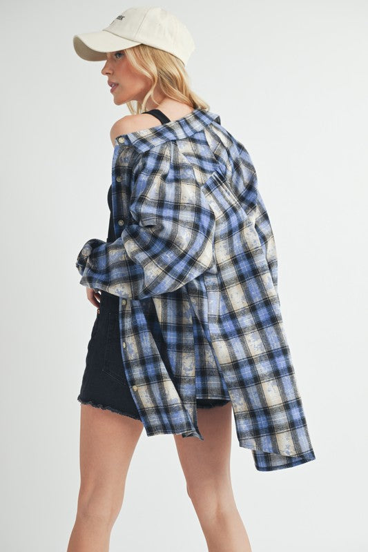 Aemi + Co Washed Plaid Button Up Raglan Sleeve Flannel Shirt OutfitFlow