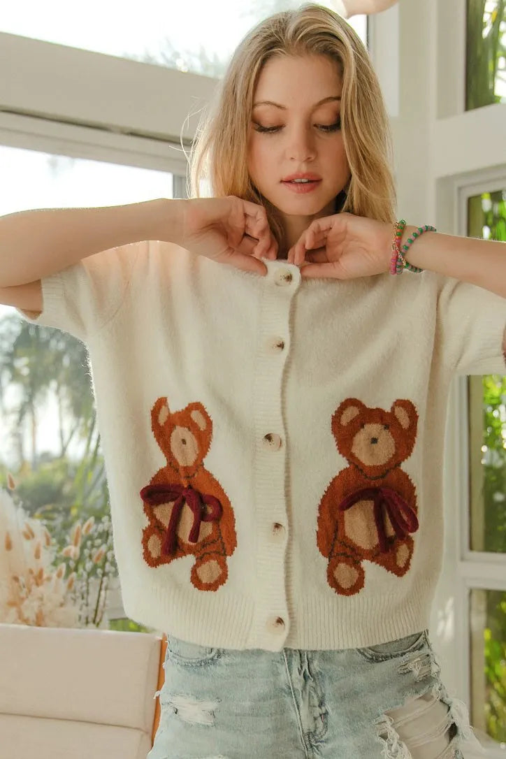 BiBi Teddy Bear With Bow Patched Sweater Button Down Top OutfitFlow