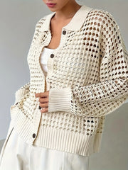 Hollow Out Knit Button Front Cardigan OutfitFlow