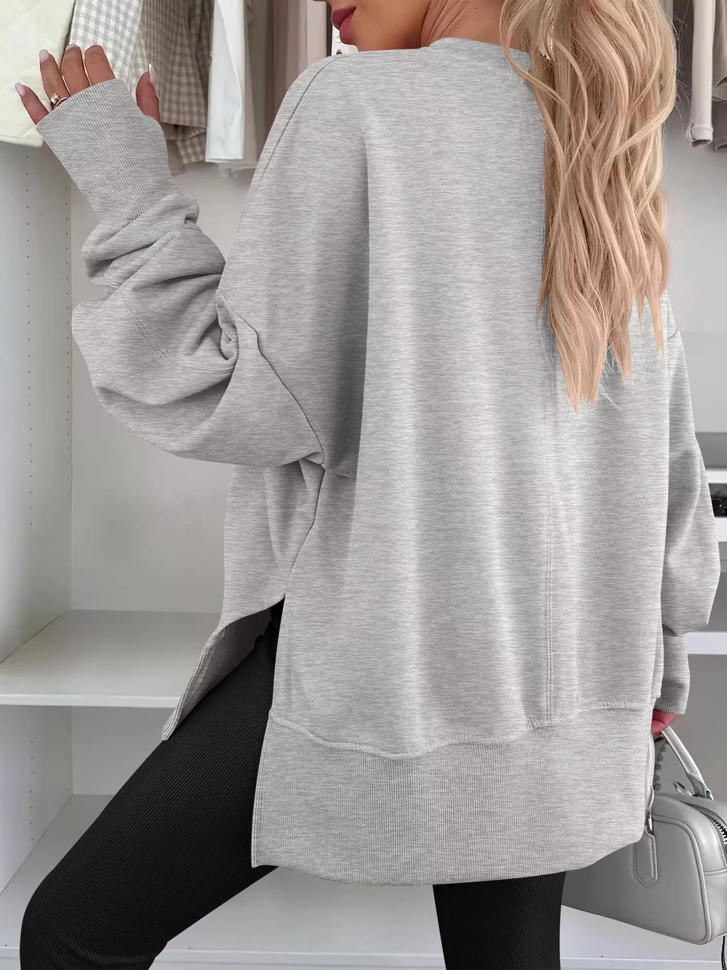 Side Slit Round Neck Long Sleeve Sweatshirt OutfitFlow