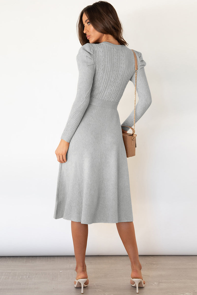 Outfit Flow - Round Neck Long Sleeve Tie Waist Sweater Dress