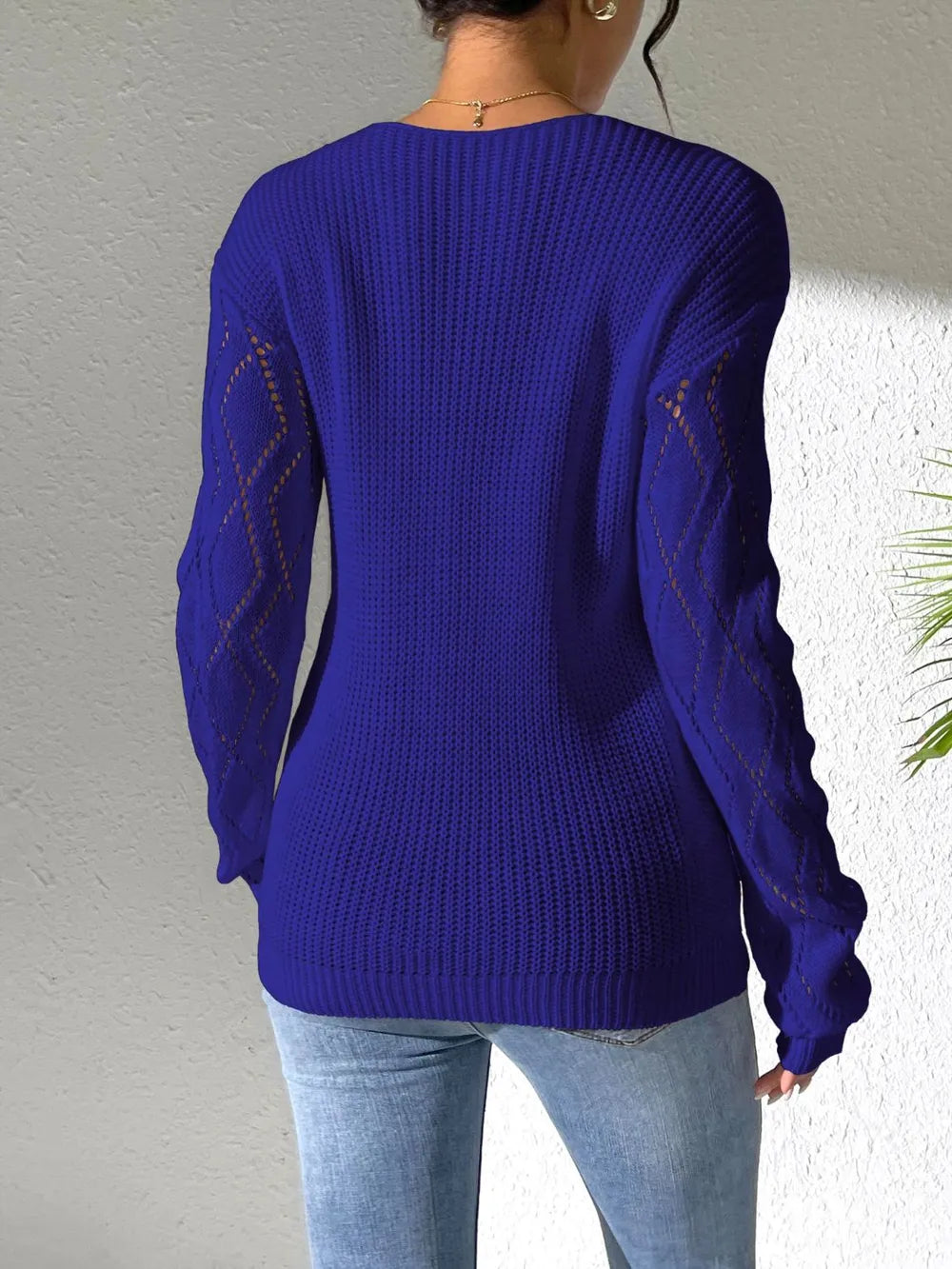 Openwork V-Neck Long Sleeve Sweater Trendsi
