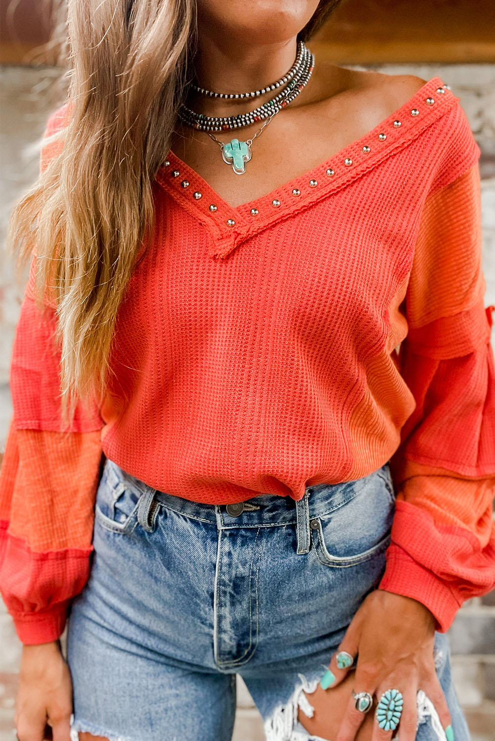 Outfit Flow - Studded Waffle-Knit V-Neck Long Sleeve Top