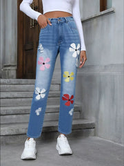 Floral Embroidered High Waist Distressed Jeans OutfitFlow