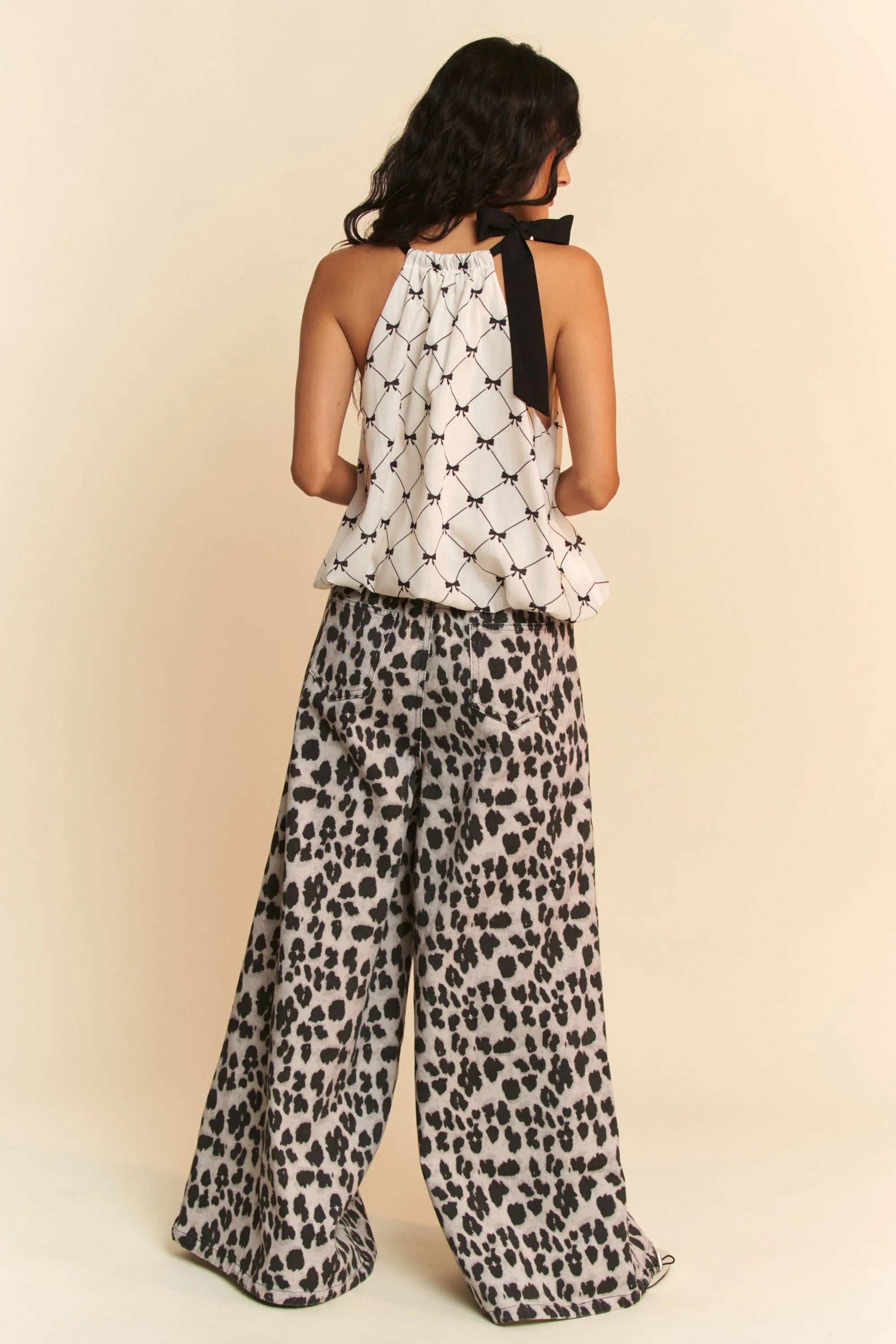 Davi & Dani Ribbon Checker Printed Tie Halter Neck Blouse Top OutfitFlow