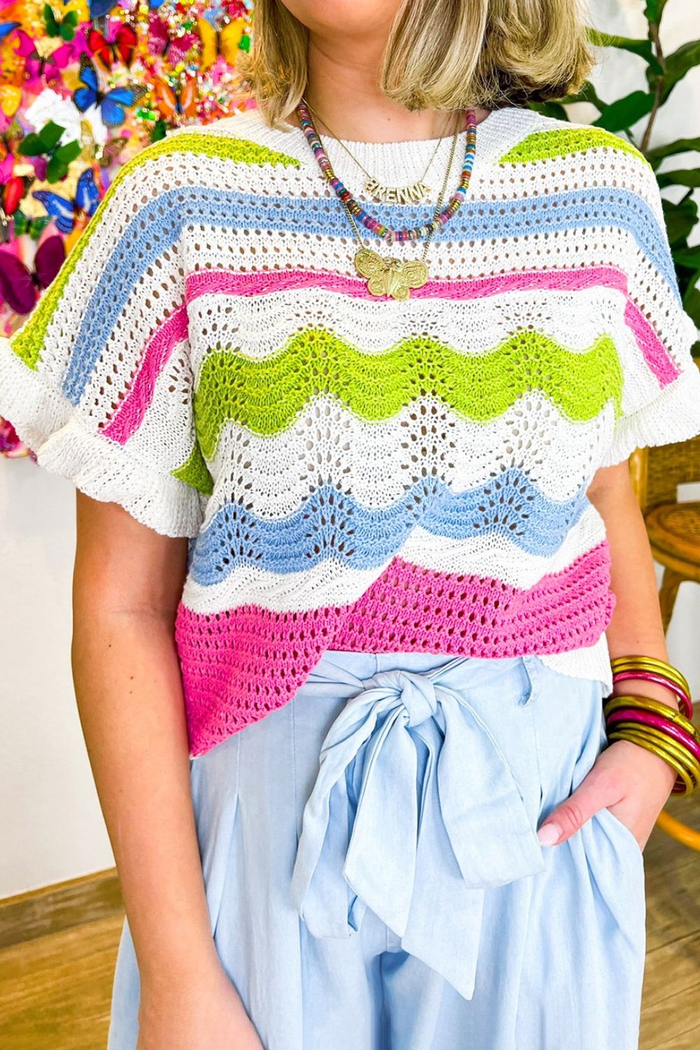 Color Block Crochet Ruffled Short Sleeve Knit Top Stripe OutfitFlow