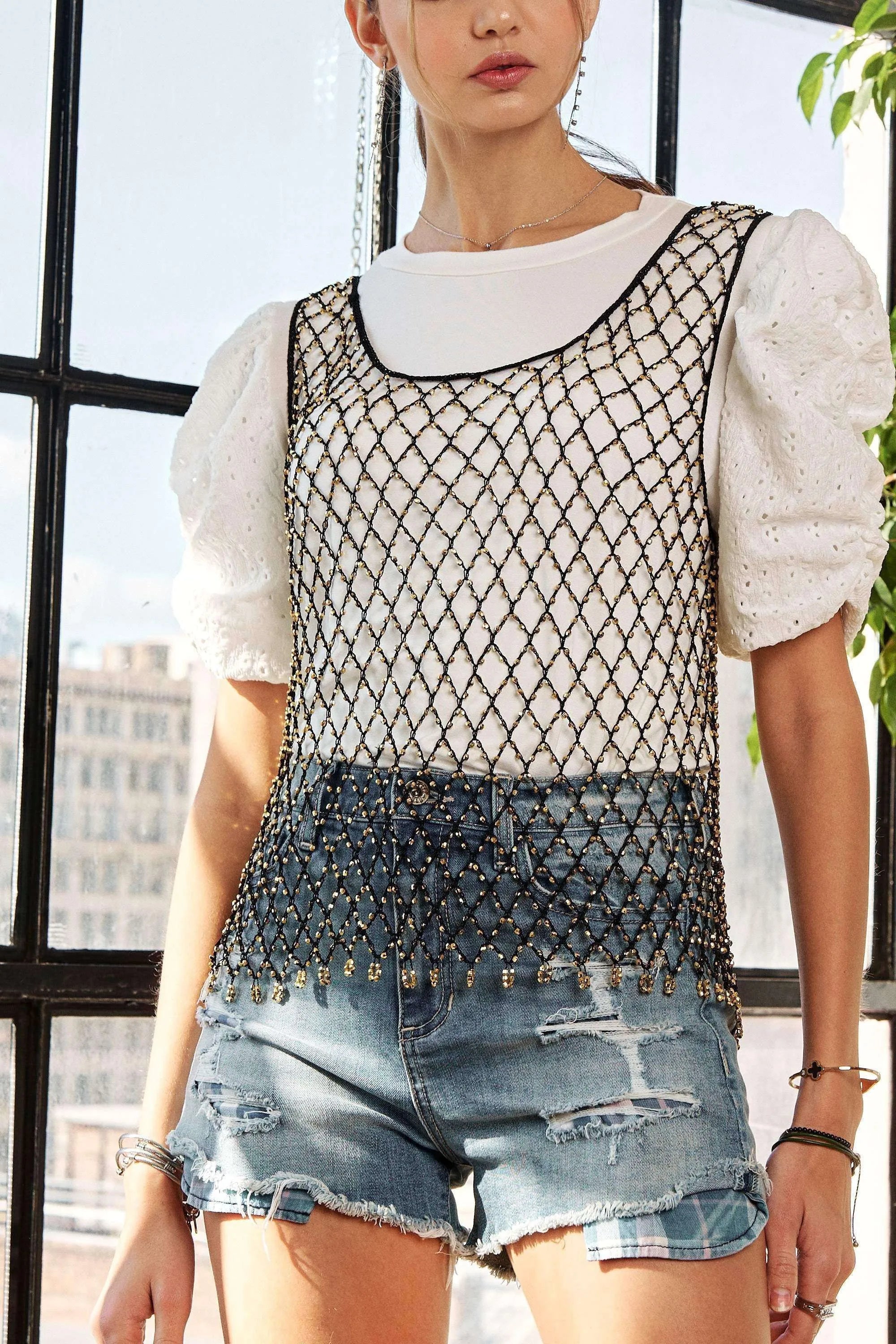 ADORA Beads Accent Fishnet Tank Top OutfitFlow