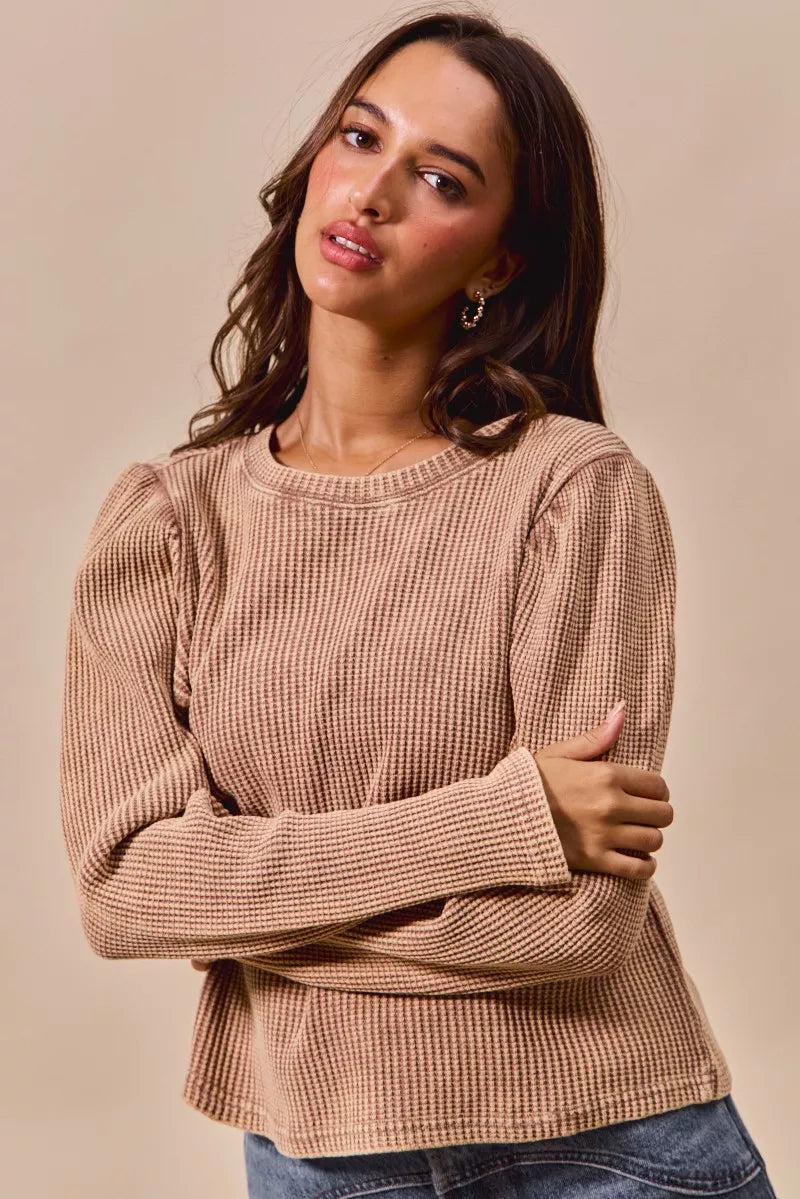 SO ME Mineral Washed Waffle Top With Puff Sleeves MOCHA OutfitFlow