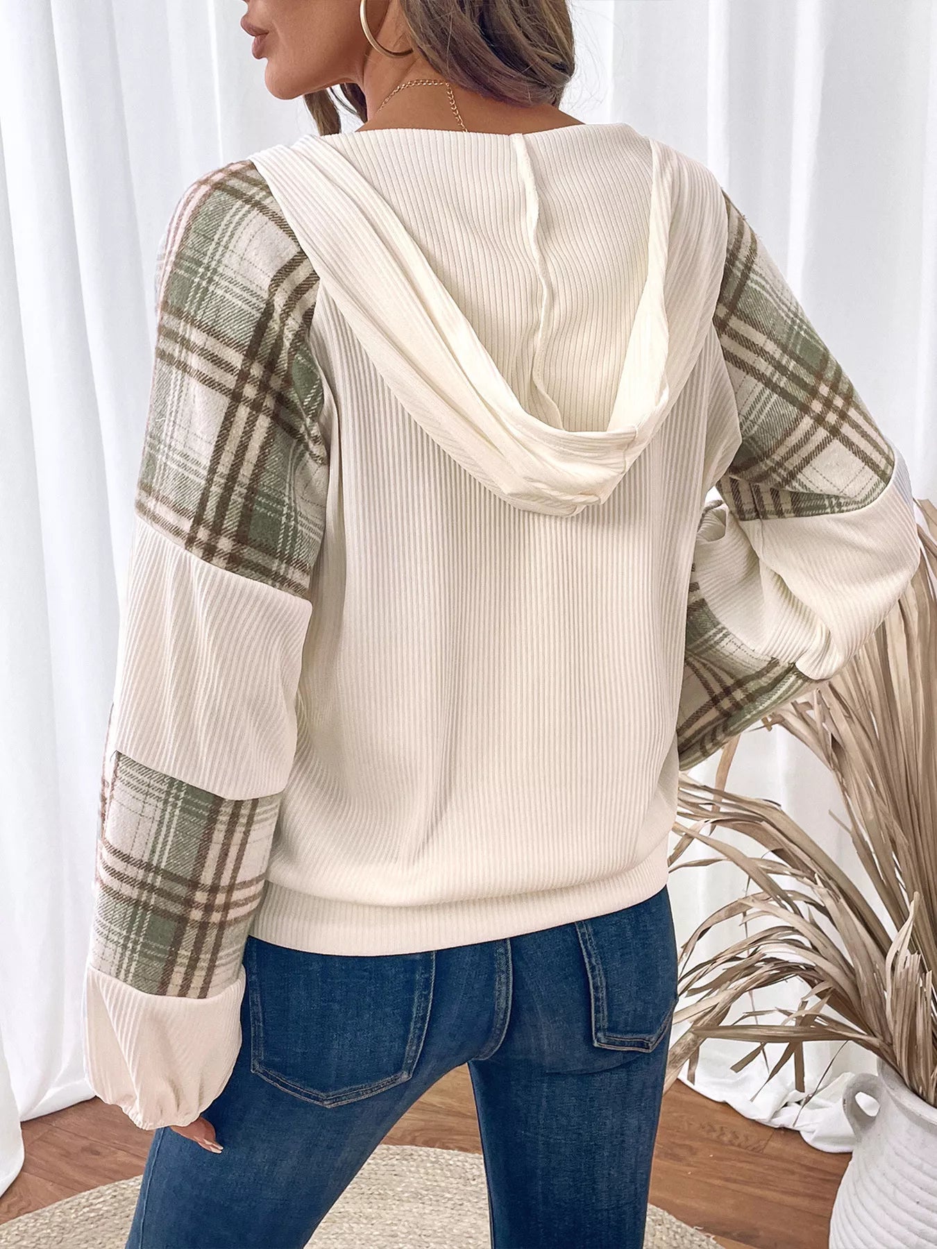 Plaid V-Neck Button Front Sweatshirt OutfitFlow