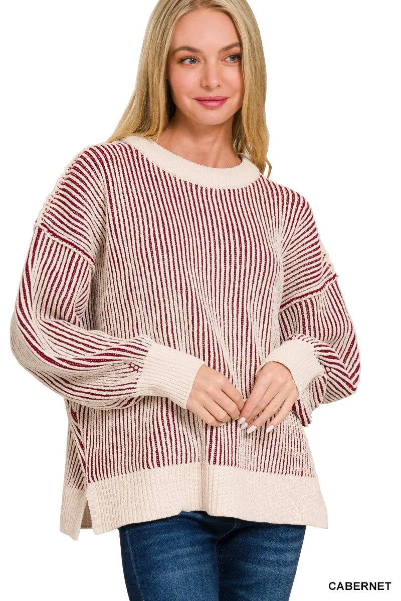 Zenana Two Tone Crewneck Sweater Trendsi