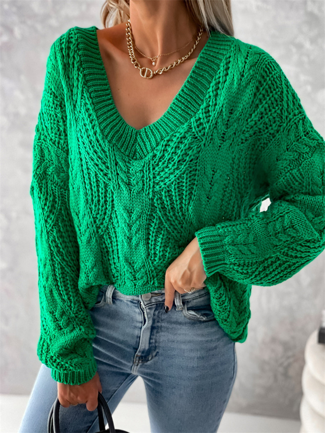 V-Neck Cable-Knit Long Sleeve Sweater Green OutfitFlow