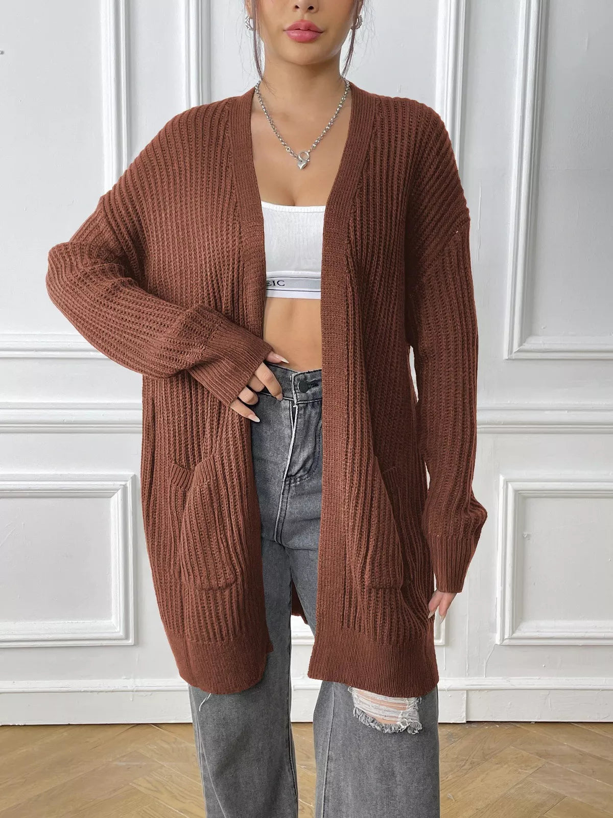 Open Front Drop Shoulder Cardigan OutfitFlow
