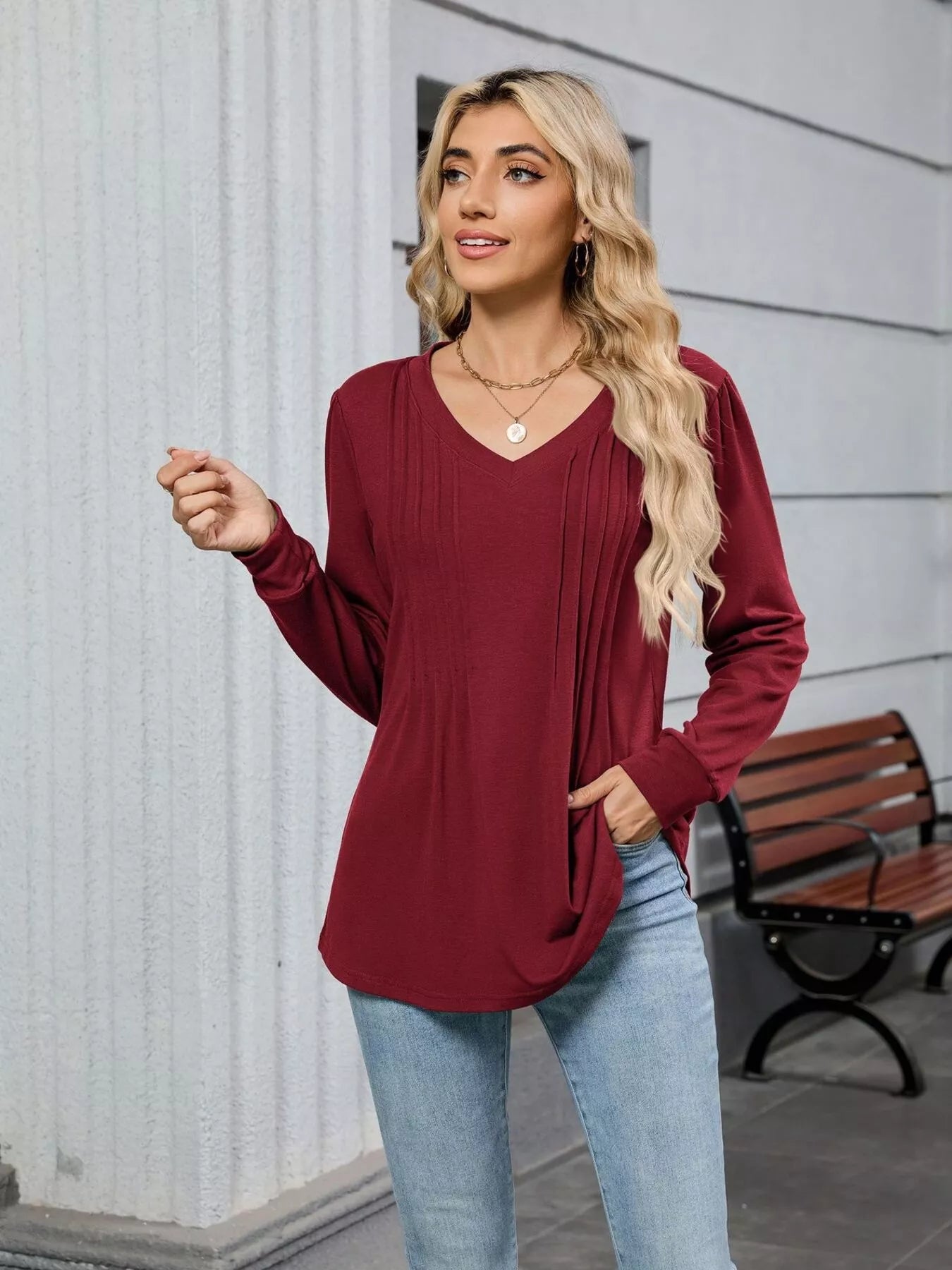 V-Neck Long Sleeve Relaxed Fit T-Shirt OutfitFlow