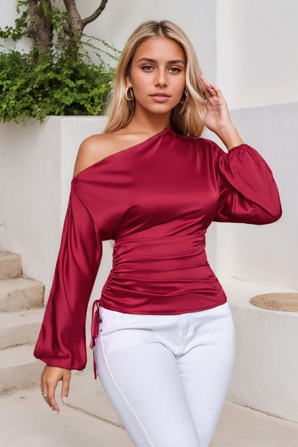 Drawstring One Shoulder Long Sleeve Blouse OutfitFlow