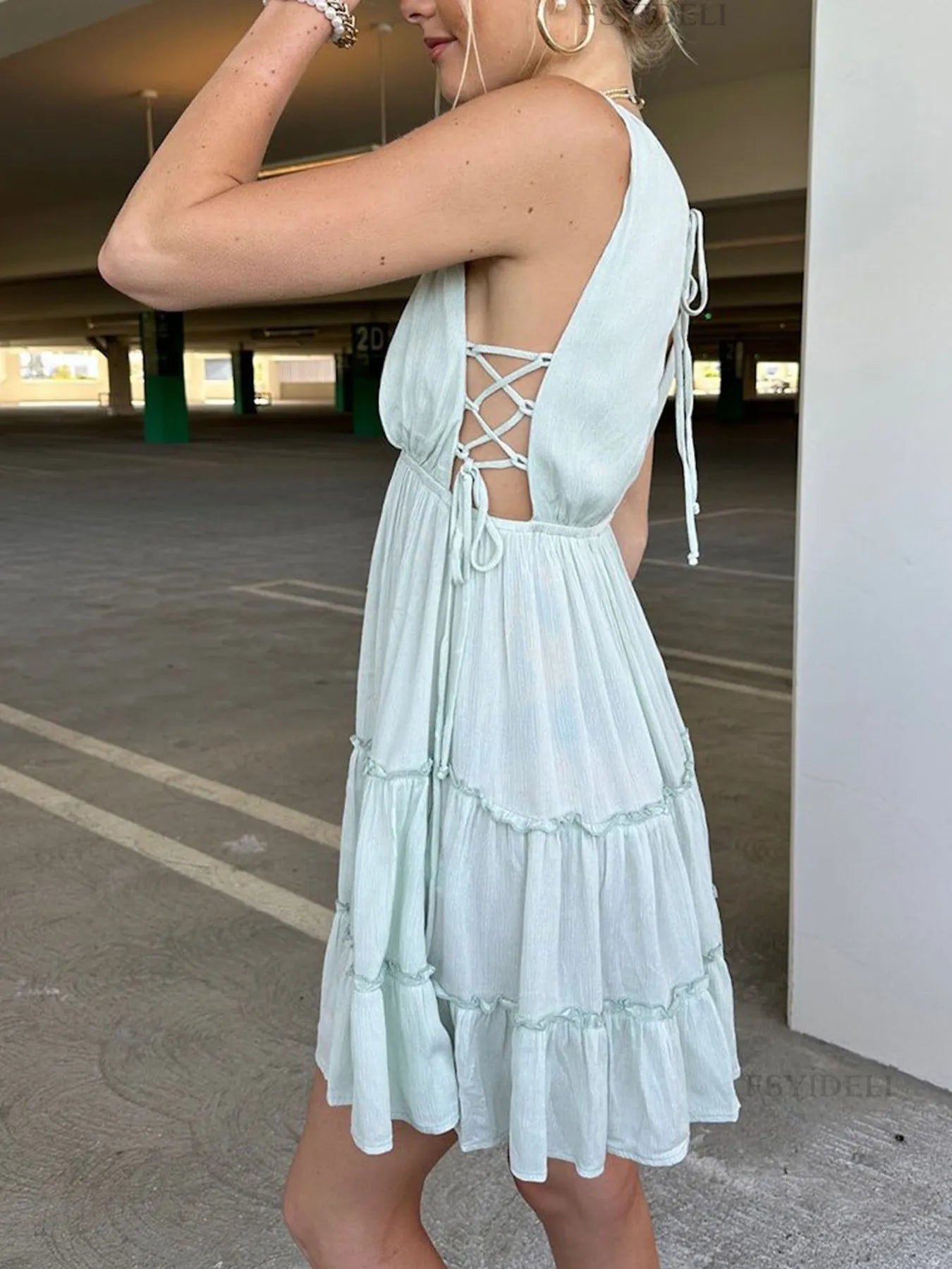 Deep V-Neck Tiered Mini Dress OutfitFlow