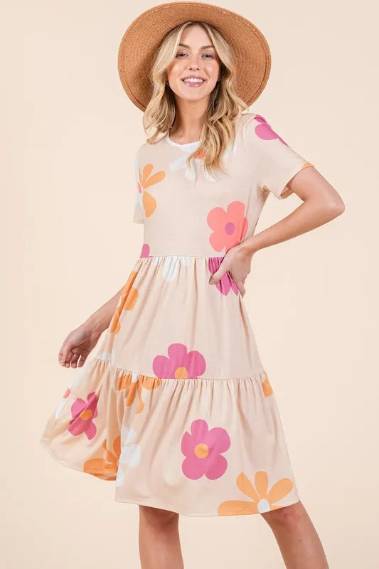 BOMBOM Floral Round Neck Short Sleeve Tiered Dress OutfitFlow