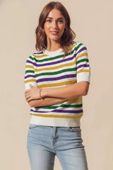 SO ME Mardi Gras Crew Neck Stripe Breathable Sweater Trendsi