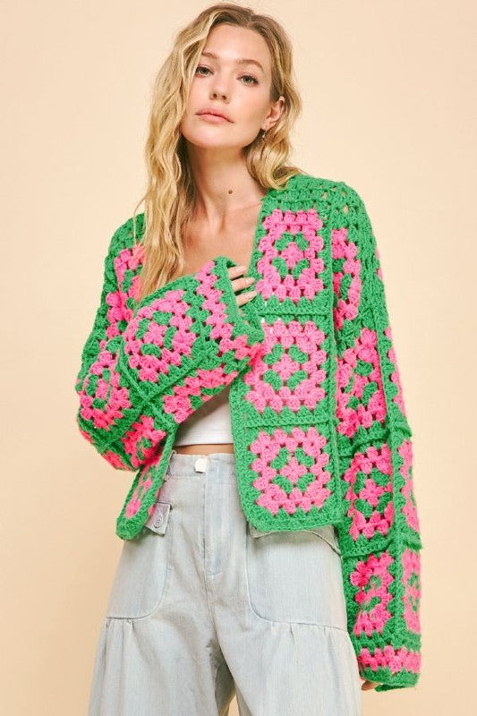 Outfit Flow - Davi & Dani Full Size Two Tone Flower Square Crochet Open Front Cardigan