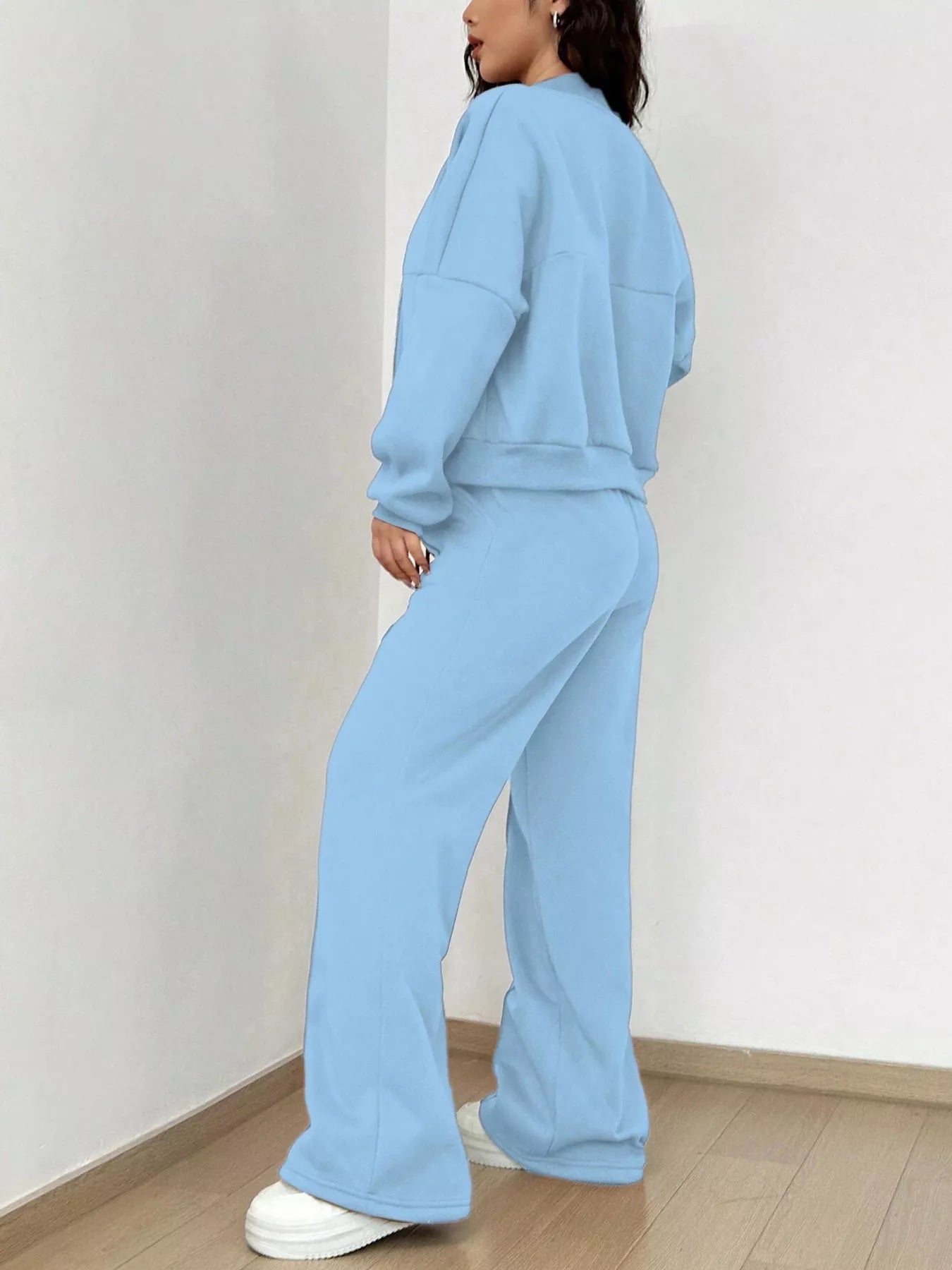 Casual Solid Color Zipper Jacket and Wide Leg Pants Set OutfitFlow