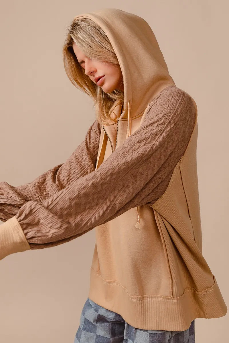 BiBi Half Zip French Terry Hoodie with Kint Sleeves OutfitFlow