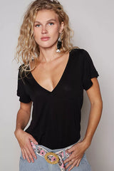 POL Basic V-Neck Short Sleeve T-Shirt JET BLACK OutfitFlow
