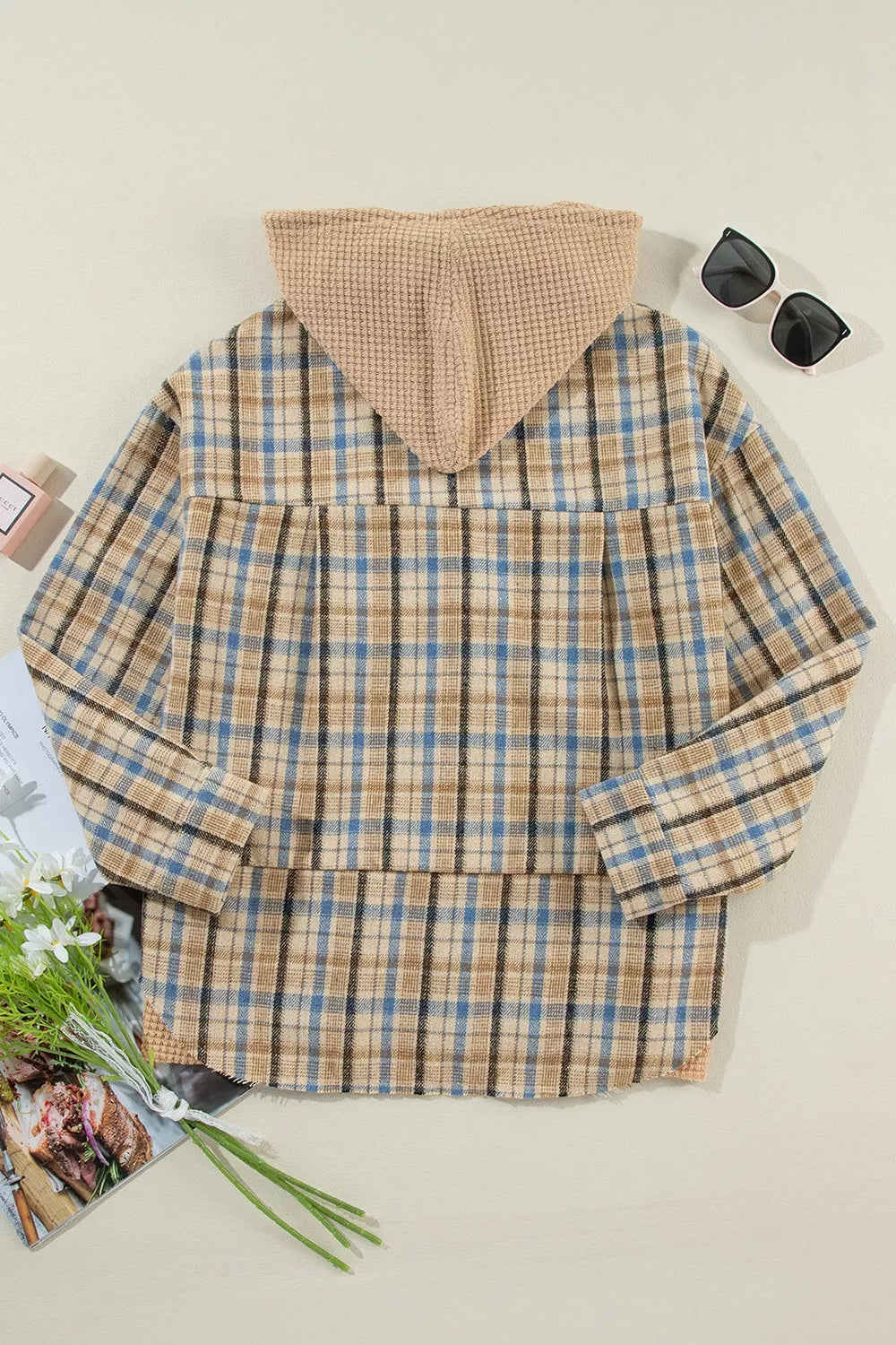 Plaid Drawstring Hooded Flannel Jacket OutfitFlow