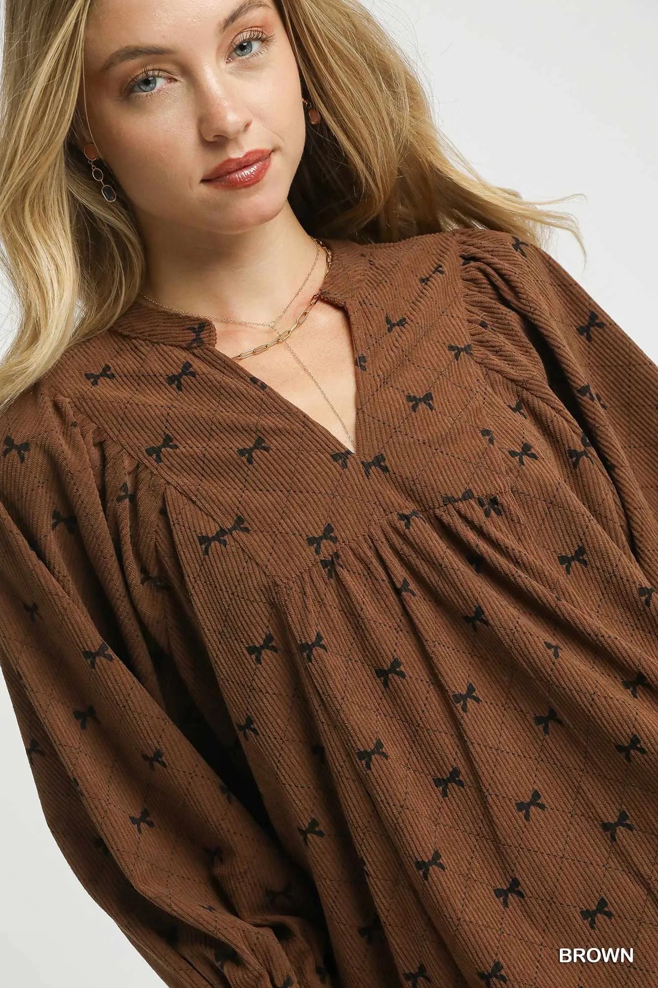 Umgee Corduroy Bow Print Balloon Sleeve Blouse Trendsi