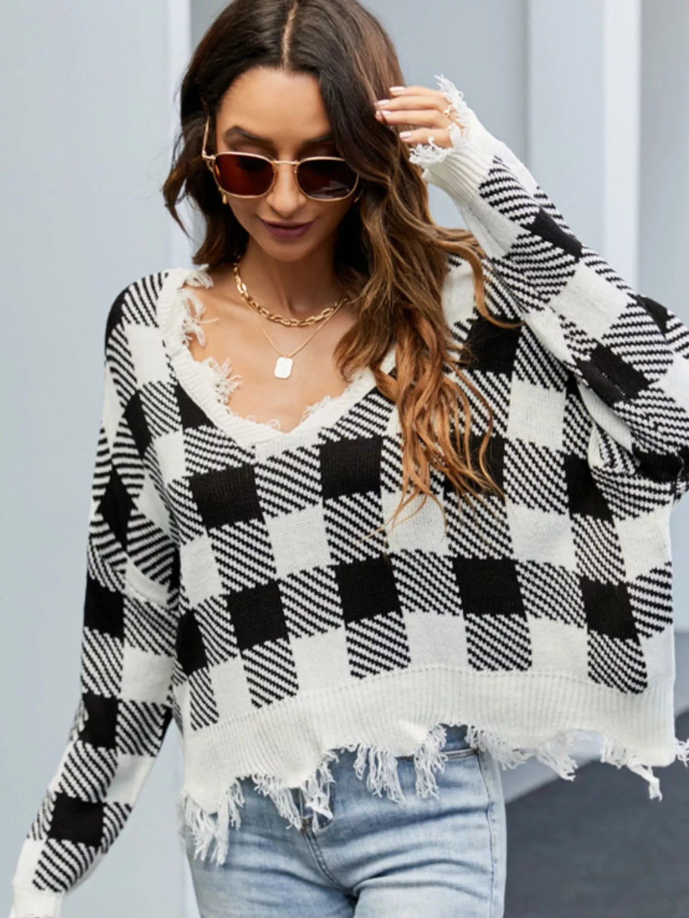 Frayed Hem Long Sleeve Sweater OutfitFlow